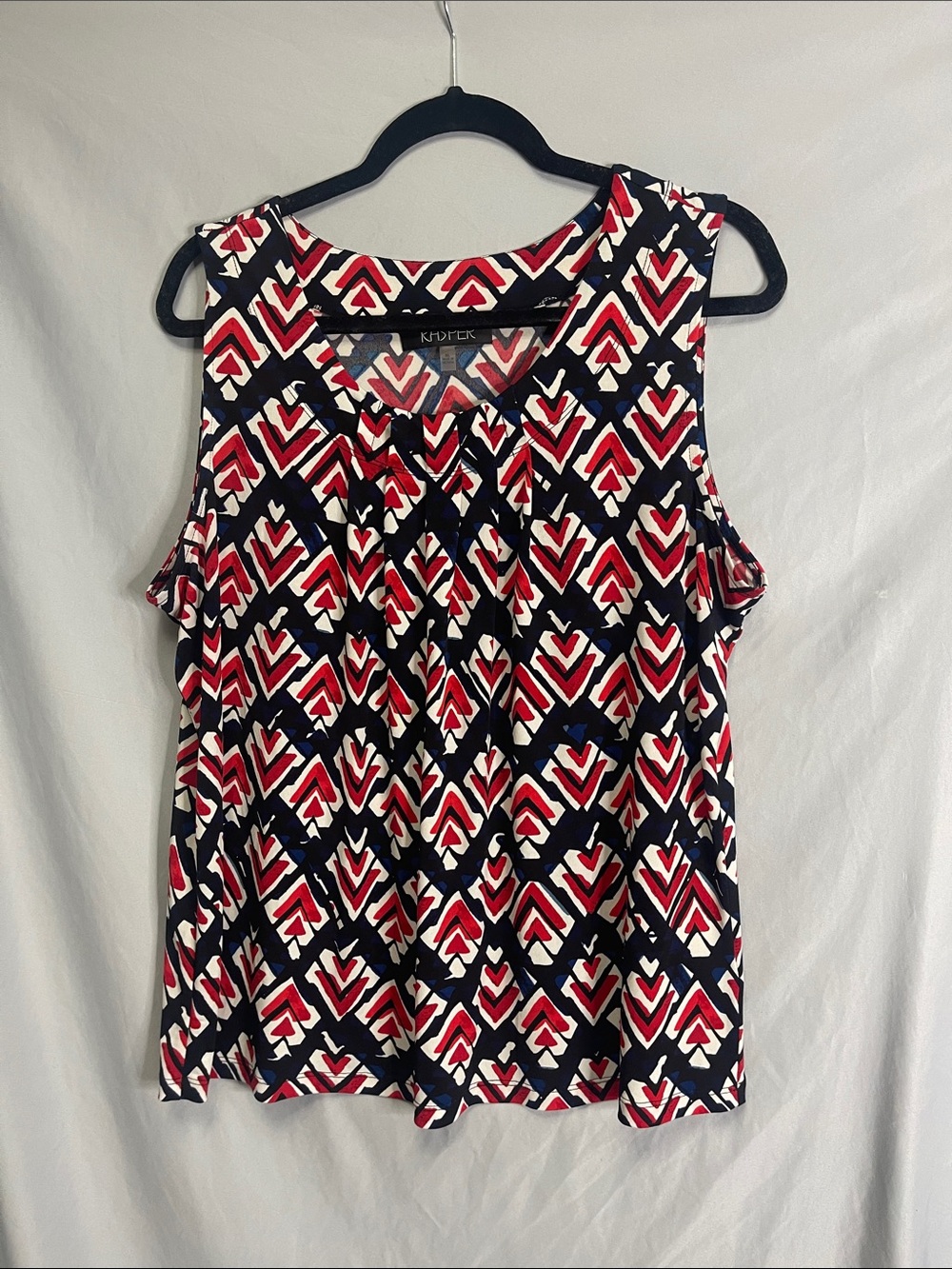 Kasper Navy, Red & White Geometric Sleeveless Tank